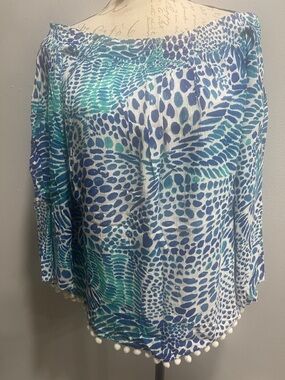 Lilly Pulitzer Blue & Teal Off-Shoulder Pom Pom Blouse